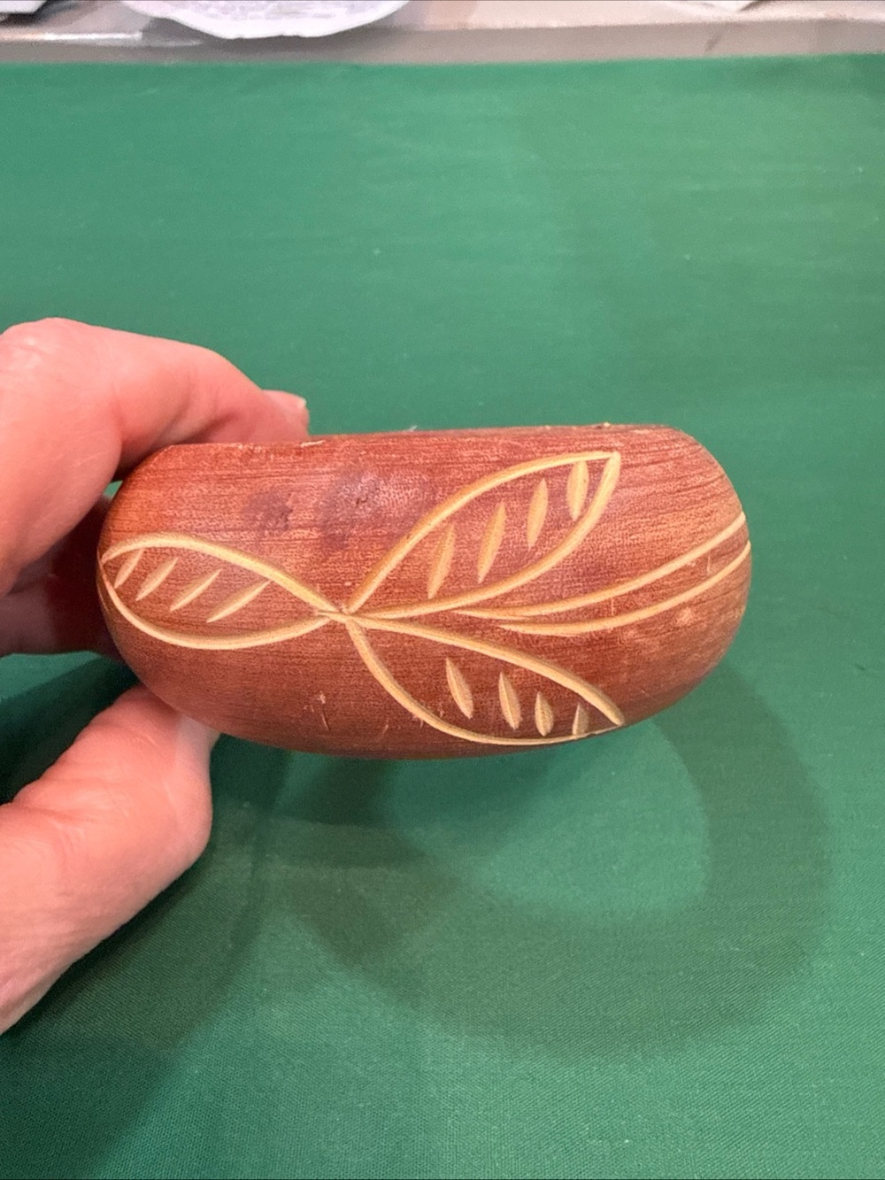 Chunky Carved Wood Bangle Bracelet With Leaf Pattern Etched In The Wood. 117D